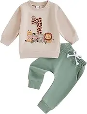 [HodJIU] Baby Boy 1st First Birthday Outfit Clothes Set Animal Letter Print Long Sleeve Sweatshirt Trousers One Year Old Cake Smash Outfits