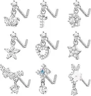 [Sanfenly] 9 PCS Dangle Nose Rings for Women 20G Nose Rings Studs Stainless Steel L Shaped Nose Ring CZ Cross Crown Flower Heart Dangling Nose Rings Piercing Jewelry
