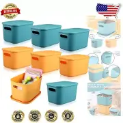 Durable Plastic Storage Baskets - 8 Piece Green and Yellow Set with Flip Top