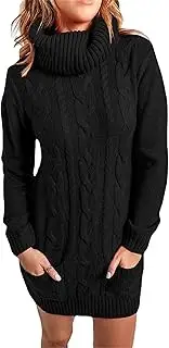[Aosufei] Women's Turtleneck Chunky Knitted Dress Crew Neck Long Sleeve Solid Dress Slim Sweater Dresses with Pocket