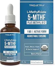 L Methyl Folate 15mg Plus Methyl B12 Cofactor – Organic, Cherry Flavor, Professional Strength, Liquid Sublingual, Active 5-MTHF Form - Supports Mood, Homocysteine Methylation, Cognition (60 Servings)