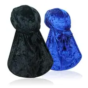 2 PCS Crushed Velvet Wave Durag – Premium Soft Durag Headwear with Black+blue