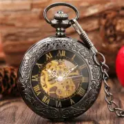 Antique Black Roman Numbers Skeleton Pocket Watch Mechanical Hand Winding Gift