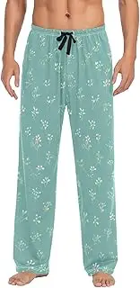 [PDZRMY] Pajama Pants Small Flowers Pattern Green for Men Men's Separate Bottoms, Lounge Pants with Pockets S
