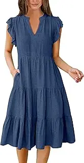 [ANRABESS] Womens Summer Ruffle Sleeve V Neck Midi Dress 2024 Fashion Casual Fit Flowy Tiered Boho Beach Vacation Sundress