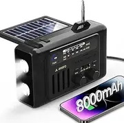 Emergency Weather Radio Hand Crank, 8000mAh NOAA Solar Radio with Torch & LED Reading Light, USB Type-C Charging, Bluetooth Speaker, SOS Alarm for Camping Indoor Outdoor Emergencies (Black)