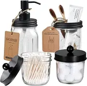 Mason Jar Bathroom Accessories Set(4 Pcs) -Lotion Soap Dispenser &Cotton Swab Holder Set &Toothbrush Holder-Rustic Farmhouse Decor Apothecary Jars Vanity Organizer-&Decorating Idea (Black)