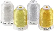 New brothread 4pcs (2 Gold+2 Silver Colors) Metallic Embroidery Machine Thread Kit 500M (550Y) Each Spool for Computerized Embroidery and Decorative Sewing