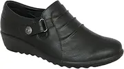 [Cushion Walk] Wide Fitting EEE Fit Shoes Women's Ladies Lightweight Black Faux Leather Slip-on Flat Shoes, Flats, Casual Work Office Comfort Shoes, with Button and Ridge Detail
