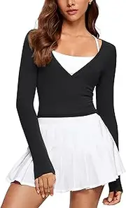 [INGIA] Womens V-Neck Long Sleeve Cross Wrap Top Slim Fit Soft Knit Layering Shirt Casual Yoga Gym Bandage Tie Tops