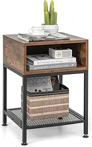 Costway End Table, 2-Tier Industrial Side Table with Mesh Storage Shelf, Stable Metal Frame, Adjustable Foot Pads, Nightstand Bedside Table for Living Room Bedroom Small Spaces