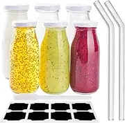 V·Colokishi 6Pcs 250ml Glass Milk Bottles with Lids, Mini Milk Bottles, Glass Straws, Labels and Whiteboard Pen for Beverages, Weddings Decoration