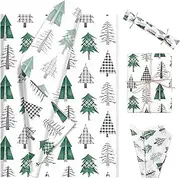 100 Sheets 20 * 14 Inches Christmas Tree Printed Tissue Paper Black White Green Buffalo Plaid Xmas Tree Decorative Tissue for Winter Festivals Xmas Party DIY Craft