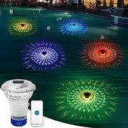 Pool Chlorine Floater, 3 Inch Floating Dispenser Chlorine with Remote Control, Colorful Solar Lights, 5 Light Modes, Foldable Pool Chlorine Dispenser for Swimming Pool, Spa Bathtubs
