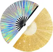 2pcs hand fans for women foldable.olographic Laser Colors & Glitter Hand Fan,clack fans for line dancing popping fan,rave fan,abanicos de mano,boots on the ground hand fan,light up fans,festivalfan