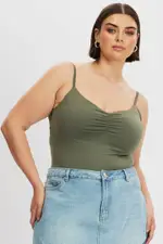 Green Bodysuit Singlet Front Ruched Supersoft