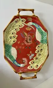 Tracy Porter Artesian Road Oval Tray w/ Bamboo Trim & Handles Peacocks Painted