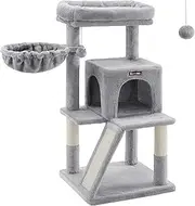 Feandrea Cat Tree, Small Cat Tower with Widened Perch for Large Cats Indoor, Kittens, 96cm Multi-Level Cat Condo with Scratching Posts and Ramp, 2-Door Cat Cave, Cat Basket, Light Gray PCT51W