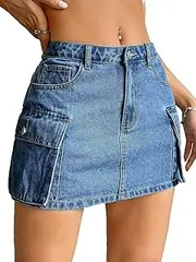 [Generic] Women's Casual Bodycon Washed Denim Skirt Button Front Zip Mini Skirts with Flap Pocket
