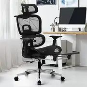 Oikiture Mesh Ergonomic Office Chair with Lumbar Back Support and Footrest Home Gaming Chair Computer Desk Chair Adjustable Headrest and Chrome Steel Base Black