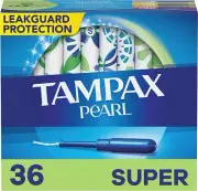 Tampax Pearl Tampons Super Absorbency, With Leakguard Braid, Unscented, 36 Count