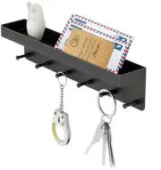 Key Holder Wall Mount Adhesive with Mail Organizer Tray 6 Hooks for Black