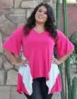 New USA PLUS SIZE Womens FUCHSIA PINK WHITE RELAXED SHARKBITE SHIRT TUNIC 1X 2X