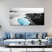 YCPRIMER Large Photo Frame Wall Art Living Room Canvas Wall Decor Office Bedroom Wall Decor Black and White Mural Blue Sea View Waves Landscape Picture Artwork Modern Beach Decor