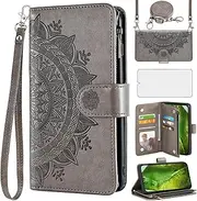 [Asuwish] Mobile Phone Case for Google Pixel 8a Case with Strap and Film Screen Protector Card Slot Foldable Leather Flowers Wallet Stand Pixel8a 5G a8 Zip Mobile Phone Cases Protective Phone Case Grey