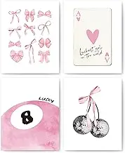 okaxscm Pink Coquette Trendy Preppy Wall Art Prints Set of 4, Coquette Room Decor, Preppy Room Decor Aesthetic, Pink Bow Disco 8 Ball Cherry Wall Decor Posters for Girls Bedroom Dorm, 8x10 Unframed