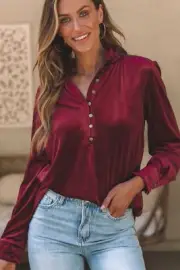 Frill Half Button Mock Neck Long Sleeve Blouse for Women