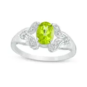Oval Peridot and Natural Diamond Accent Heart Split Shank Ring in Sterling Silver