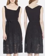Tahari 7220M446 Black Openwork Chiffon Belted A-Line Tea Dress - $158