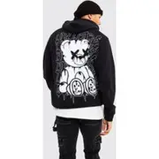 Mens Black Tall Teddy Back Print Hoodie