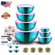 7-Piece Rainbow Stainless Steel Nesting Bowl Set with Khaki Lids, Rust Resistant