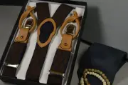 SUSPENDERS BROWN BLUE ELASTIC & LEATHER DESIGN MEN HANDMADE CLIP & BUTTON T-13