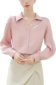 [Generic] Fashion Long Sleeve Turn Down Collar Blouse for Women Pink-Color Blouse Office Ladies Dress Shirt