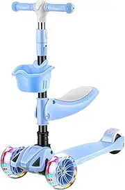 Children's Three-Wheeled Scooter with LED Illuminated Wheels, Foldable and rotatable seat, with a Load of up to 100 kg, Suitable for Children Over 3 Years Old(Blue 5cm Flashing Wheel + seat)