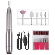 Electric Nail Drill Kit Cordless Nail Drill Portable USB Rechargeable Manicure Pedicure Tools for Acrylic Gel Nails -Silver