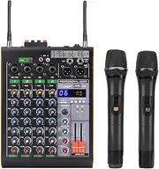 4 Channel Mixing Console, Bluetooth Portable Audio Mixer, 16 DSP Effects, USB/MP3 Input,with 2 Adjustable Frequency Wireless Microphone for Studio