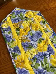 Handcrafted-Quilted Table Runner- New 2025 Blue/Yellow Floral on Blue Background