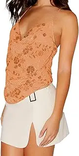 [YILEEGOO] Women Sequin Floral Cami Tops Cowl Neck Spaghetti Strap Open Back Asymmetrical Shirts Rhinestone Going Out Tops