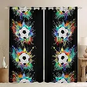 Football Curtains for Bedroom Living Room Kids Soccer Ball Pattern 30%-50% Blackout Curtains Boys Girls Hip Hop Darkening Drapes Sports Theme Black Window Treatments W46*L54