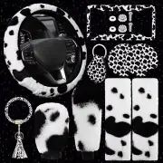 10 Pieces Cow Print Car Accessories Set Cow Fluffy Plush Steering Wheel Cover