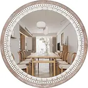 Reflinto 24 Inch Wooden Round Mirror for Wall Decor, Farmhouse Rustic Decorative Circle Mirrors with Beaded Frame, for Bedroom, Bathroom, Living Room, Entryway