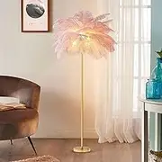 Modern Ostrich Feather Floor Lamp, White Feather Shade, 3-Colour LED Bulb, Standing Light for Living Room, Bedroom,Light Pink,Large
