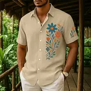 Men's Shirt Linen Shirt Summer Shirt Beach Wear Button Up Shirt Floral Vacation Curise Pink Navy Blue Green Khaki Short Sleeve Collar Summer Spring Summer Clo