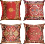 Set of 4 Cushion Covers 18 x 18 Inches Geometric Persian Kilim Home Decor Oriental Ikat Pillow Covers Decorative Inches Cushion Couch Sofa Pillowcases Colorful Red Tribal Cushion Covers 45x45cm