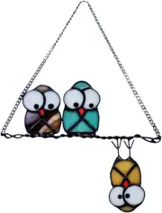 Multicolor Owls on a Wire High Stained Glass Suncatcher Panel, Bird Suncatcher f