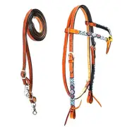 western Leather Equestrian Tooled Beaded Headstall,Breast Collar & Reins. (H078)